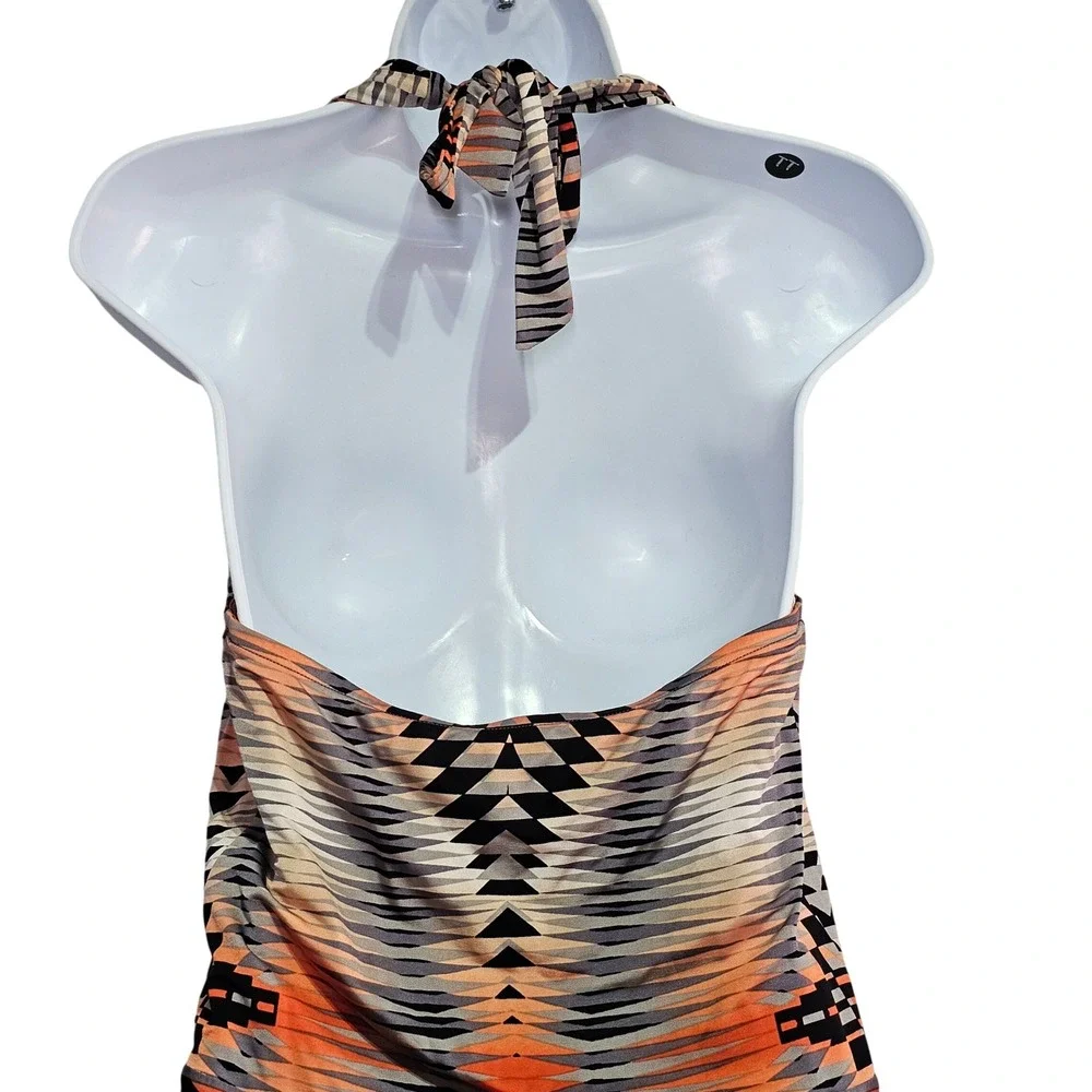 BCBGMAXAZRIA Halter‎ Deep V-Neck Dress Aztec Geo Stretch Orange Navy XS NWT